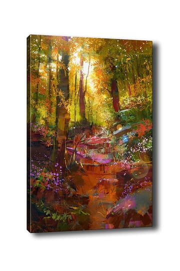 Lerretsbilde 70x100 cm - Fargerik skogscene med en svingete sti og blomster som blomstrer i lyset - Grønn / Oransje / Lilla - Interiør - Maleri & posters - Lerretsbilder