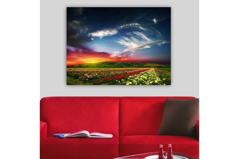 Lerretsbilde 70x100 cm - Fargerik solnedgang over et blomsterfelt med varierende blomster i forgrunnen - Rød / Gul / Grønn - Interiør - Maleri & posters - Lerretsbilder