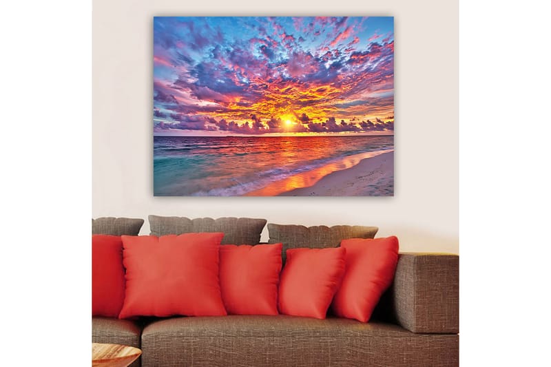 Lerretsbilde 70x100 cm - Fargerik solnedgang over havet med dramatiske skyer - Lilla / Oransje / Blå - Interiør - Maleri & posters - Lerretsbilder