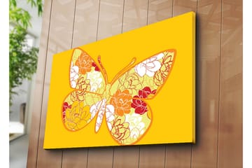 Lerretsbilde 70x100 cm - Fargerik sommerfugl med blomstermotiv i livlige nyanser - Gul / Oransje / Rød - Interiør - Maleri & posters - Lerretsbilder