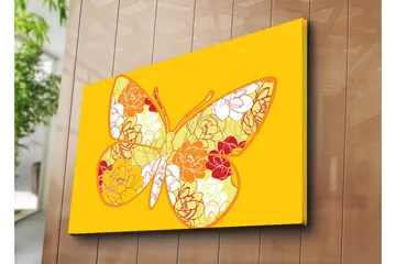 Lerretsbilde 70x100 cm - Fargerik sommerfugl med blomstermotiv i livlige nyanser - Gul / Oransje / Rød - Interiør - Maleri & posters - Lerretsbilder