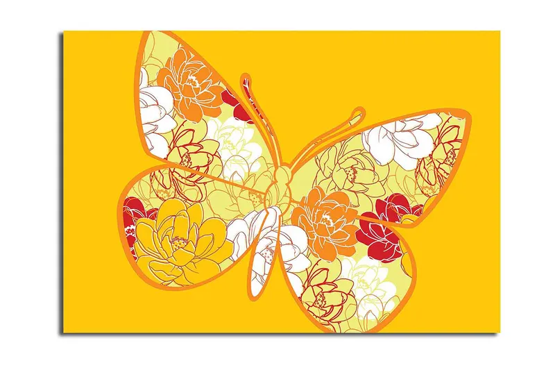 Lerretsbilde 70x100 cm - Fargerik sommerfugl med blomstermotiv i livlige nyanser, Gul / Oransje / Rød