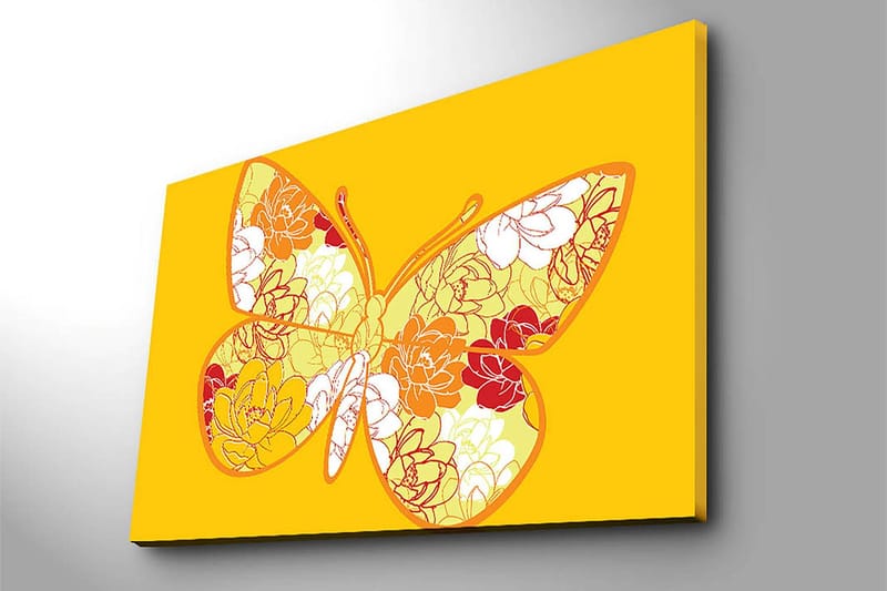 Lerretsbilde 70x100 cm - Fargerik sommerfugl med blomstermotiv i livlige nyanser - Gul / Oransje / Rød - Interiør - Maleri & posters - Lerretsbilder