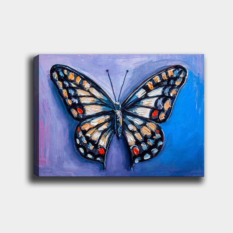 Lerretsbilde 70x100 cm - Fargerik sommerfugl med detaljerte mønstre i vingene, Blå / Oransje / Svart
