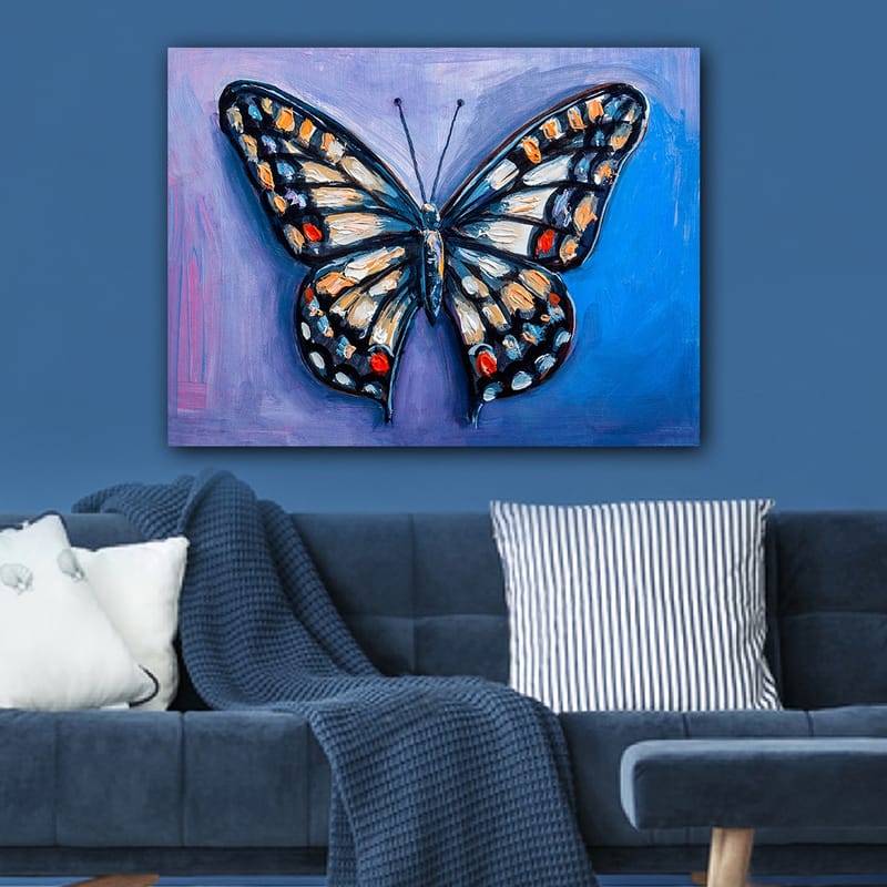 Lerretsbilde 70x100 cm - Fargerik sommerfugl med detaljerte mønstre i vingene - Blå / Oransje / Svart - Interiør - Maleri & posters - Lerretsbilder