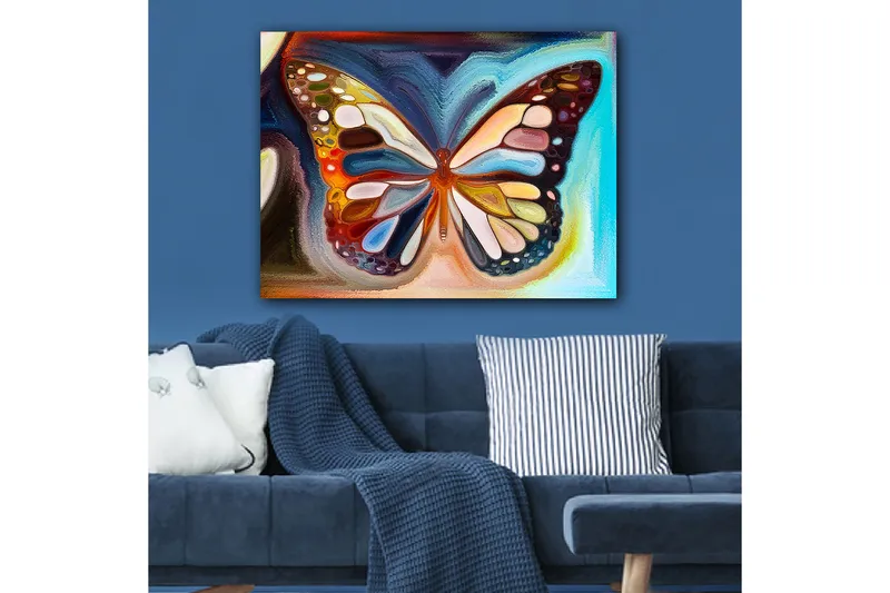 Lerretsbilde 70x100 cm - Fargerik sommerfugl med detaljerte vinger i forskjellige nyanser, Oransje / Blå / Hvit