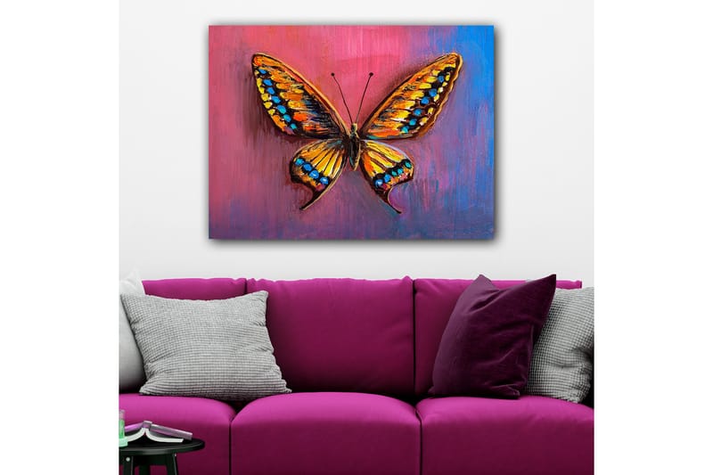 Lerretsbilde 70x100 cm - Fargerik sommerfugl med detaljerte vinger i oransje og blått, Oransje / Blå / Lilla