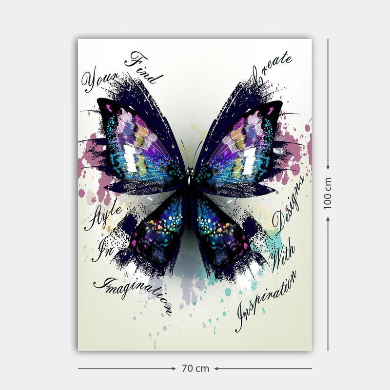 Lerretsbilde 70x100 cm - Fargerik sommerfugl med detaljerte vinger som symboliserer kreativitet og inspirasjon - Lilla / Blå / Svart - Interiør - Maleri & posters - Lerretsbilder