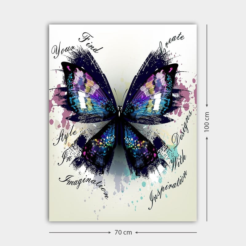 Lerretsbilde 70x100 cm - Fargerik sommerfugl med detaljerte vinger som symboliserer kreativitet og inspirasjon - Lilla / Blå / Svart - Interiør - Maleri & posters - Lerretsbilder