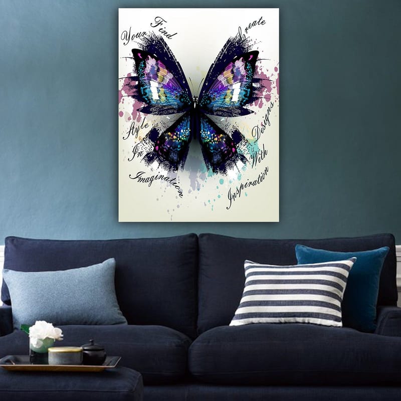 Lerretsbilde 70x100 cm - Fargerik sommerfugl med detaljerte vinger som symboliserer kreativitet og inspirasjon - Lilla / Blå / Svart - Interiør - Maleri & posters - Lerretsbilder
