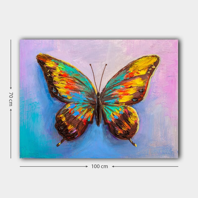 Lerretsbilde 70x100 cm - Fargerik sommerfugl med detaljerte vinger - Turkis / Gul / Rød - Interiør - Maleri & posters - Lerretsbilder