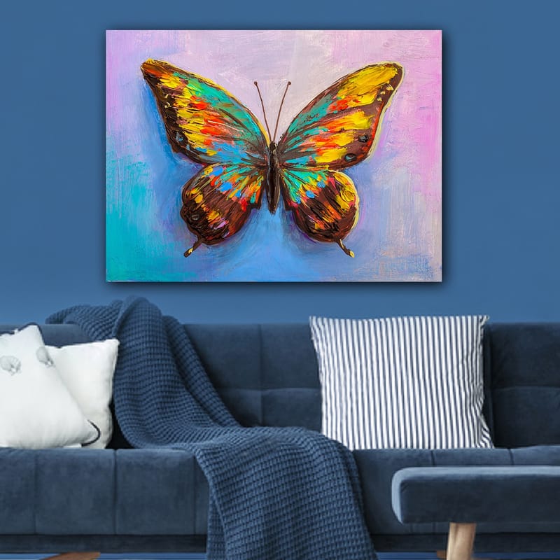 Lerretsbilde 70x100 cm - Fargerik sommerfugl med detaljerte vinger - Turkis / Gul / Rød - Interiør - Maleri & posters - Lerretsbilder