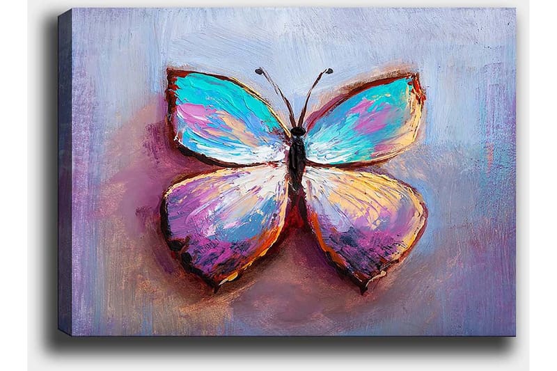 Lerretsbilde 70x100 cm - Fargerik sommerfugl med vakre mønstre - Turkis / Lilla / Oransje - Interiør - Maleri & posters - Lerretsbilder