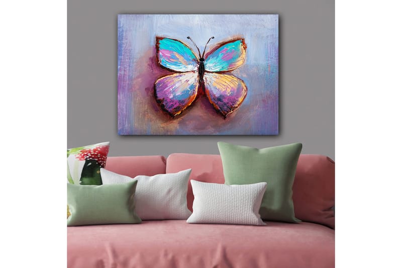 Lerretsbilde 70x100 cm - Fargerik sommerfugl med vakre mønstre, Turkis / Lilla / Oransje