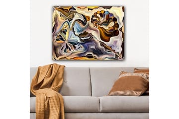 Lerretsbilde 70x100 cm - Fargerik sommerfugl og skjell som flyter i en abstrakt komposisjon - Gull / Blå / Brun - Interiør - Maleri & posters - Lerretsbilder