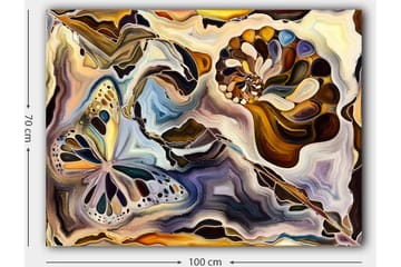 Lerretsbilde 70x100 cm - Fargerik sommerfugl og skjell som flyter i en abstrakt komposisjon - Gull / Blå / Brun - Interiør - Maleri & posters - Lerretsbilder