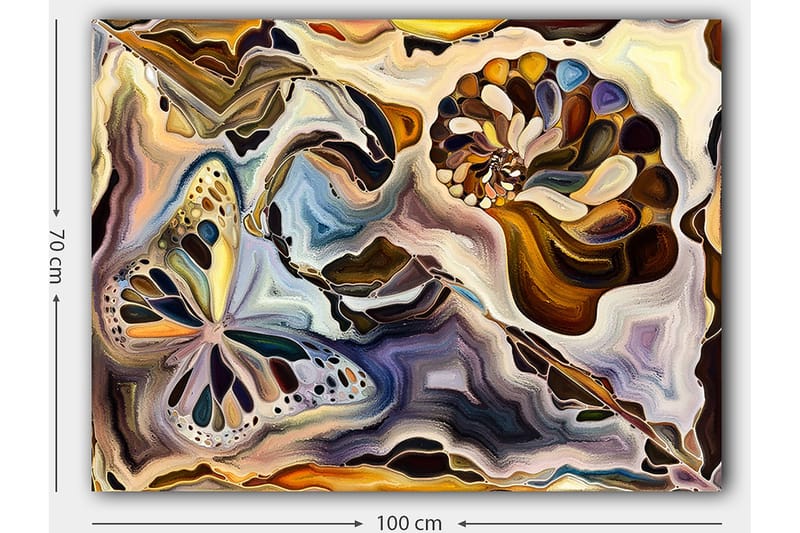 Lerretsbilde 70x100 cm - Fargerik sommerfugl og skjell som flyter i en abstrakt komposisjon - Gull / Blå / Brun - Interiør - Maleri & posters - Lerretsbilder