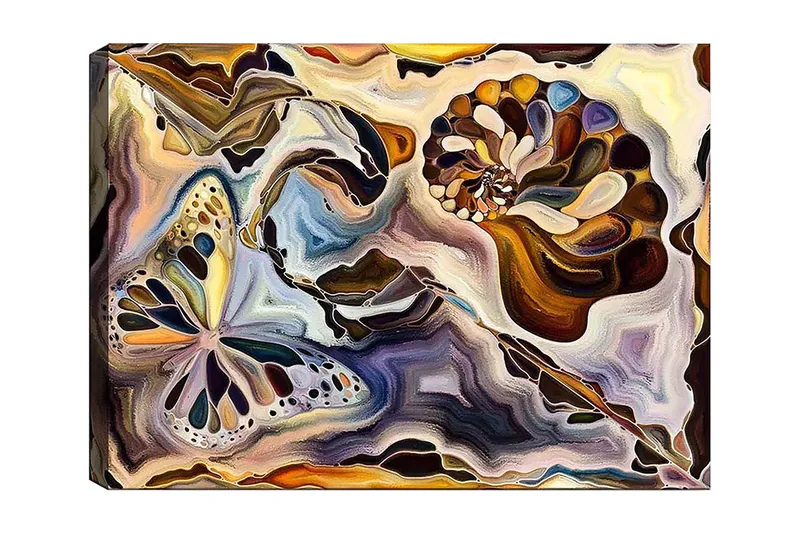 Lerretsbilde 70x100 cm - Fargerik sommerfugl og skjell som flyter i en abstrakt komposisjon, Gull / Blå / Brun