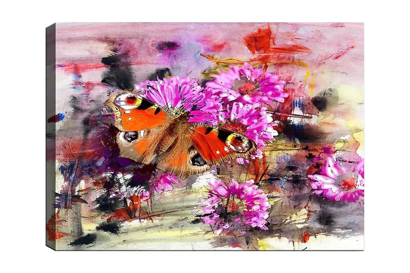 Lerretsbilde 70x100 cm - Fargerik sommerfugl sittende på blomster i en abstrakt komposisjon, Oransje / Rosa / Brun