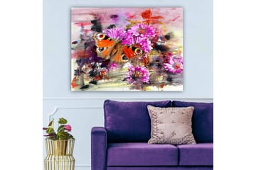Lerretsbilde 70x100 cm - Fargerik sommerfugl sittende på blomster i en abstrakt komposisjon - Oransje / Rosa / Brun - Interiør - Maleri & posters - Lerretsbilder