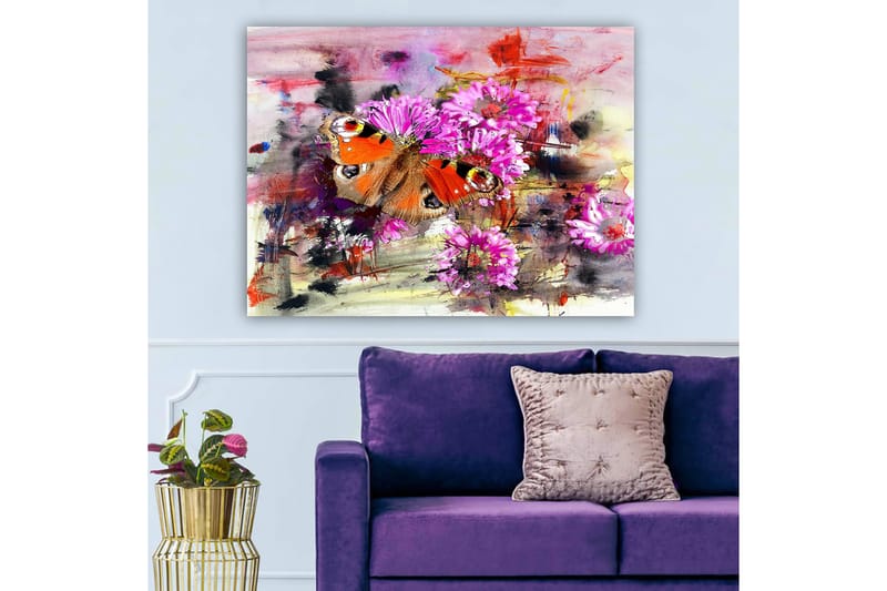 Lerretsbilde 70x100 cm - Fargerik sommerfugl sittende på blomster i en abstrakt komposisjon - Oransje / Rosa / Brun - Interiør - Maleri & posters - Lerretsbilder