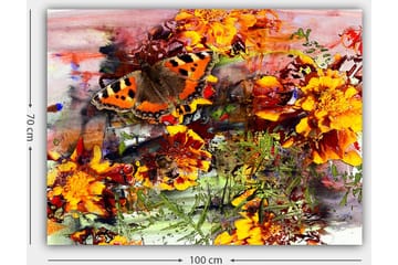 Lerretsbilde 70x100 cm - Fargerik sommerfugl som sitter på blomster i en livlig hage - Oransje / Gul / Grønn - Interiør - Maleri & posters - Lerretsbilder
