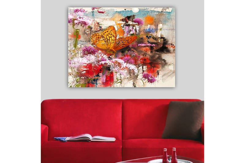 Lerretsbilde 70x100 cm - Fargerik sommerfugl som sitter på blomster i et levende og abstrakt naturmiljø - Oransje / Rosa / Rød - Interiør - Maleri & posters - Lerretsbilder