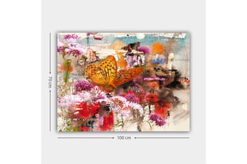 Lerretsbilde 70x100 cm - Fargerik sommerfugl som sitter på blomster i et levende og abstrakt naturmiljø - Oransje / Rosa / Rød - Interiør - Maleri & posters - Lerretsbilder