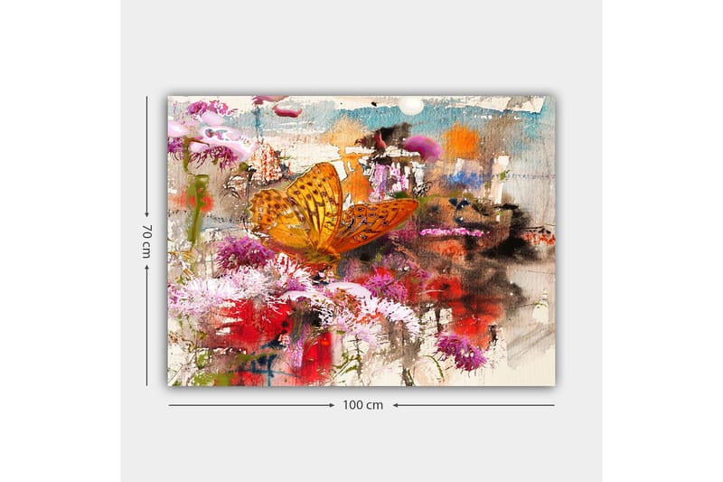 Lerretsbilde 70x100 cm - Fargerik sommerfugl som sitter på blomster i et levende og abstrakt naturmiljø - Oransje / Rosa / Rød - Interiør - Maleri & posters - Lerretsbilder
