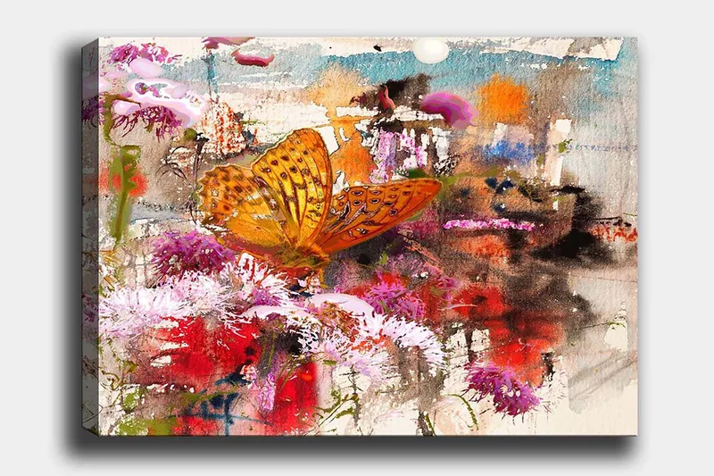 Lerretsbilde 70x100 cm - Fargerik sommerfugl som sitter på blomster i et levende og abstrakt naturmiljø, Oransje / Rosa / Rød