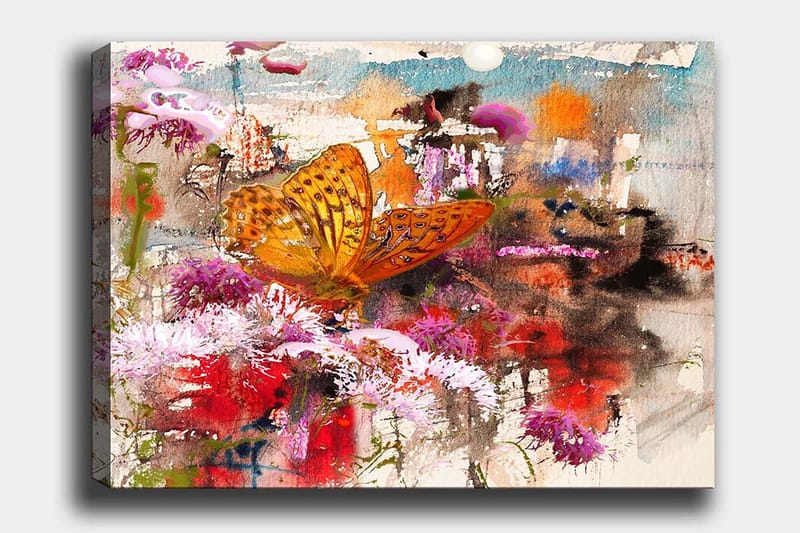 Lerretsbilde 70x100 cm - Fargerik sommerfugl som sitter på blomster i et levende og abstrakt naturmiljø, Oransje / Rosa / Rød