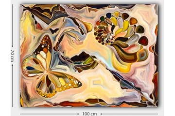 Lerretsbilde 70x100 cm - Fargerik sommerfugl som svever over en spiralstruktur i myke, organiske former - Gull / Brun / Oransje - Interiør - Maleri & posters - Lerretsbilder