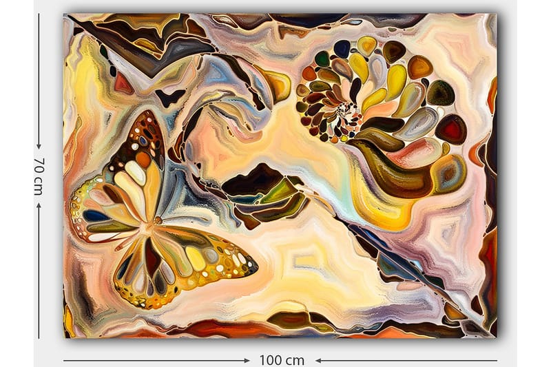 Lerretsbilde 70x100 cm - Fargerik sommerfugl som svever over en spiralstruktur i myke, organiske former - Gull / Brun / Oransje - Interiør - Maleri & posters - Lerretsbilder