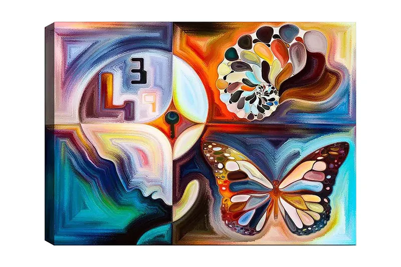 Lerretsbilde 70x100 cm - Fargerik sommerfugl som symboliserer transformasjon, omgitt av abstrakte former og mønstre, Blå / Oransje / Hvit