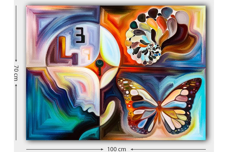 Lerretsbilde 70x100 cm - Fargerik sommerfugl som symboliserer transformasjon, omgitt av abstrakte former og mønstre - Blå / Oransje / Hvit - Interiør - Maleri & posters - Lerretsbilder