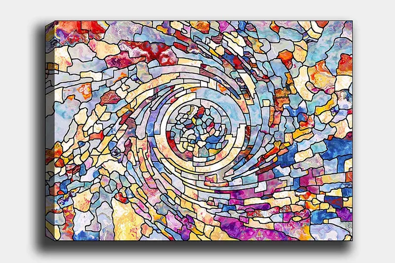 Lerretsbilde 70x100 cm - Fargerik spiral av abstrakte former som skaper en dynamisk bevegelse, Blå / Rød / Gul
