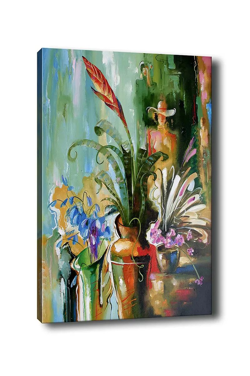 Lerretsbilde 70x100 cm - Fargerik stillhet med blomster og planter i vaser - Grønn / Rød / Lilla - Interiør - Maleri & posters - Lerretsbilder