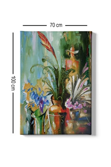 Lerretsbilde 70x100 cm - Fargerik stillhet med blomster og planter i vaser - Grønn / Rød / Lilla - Interiør - Maleri & posters - Lerretsbilder