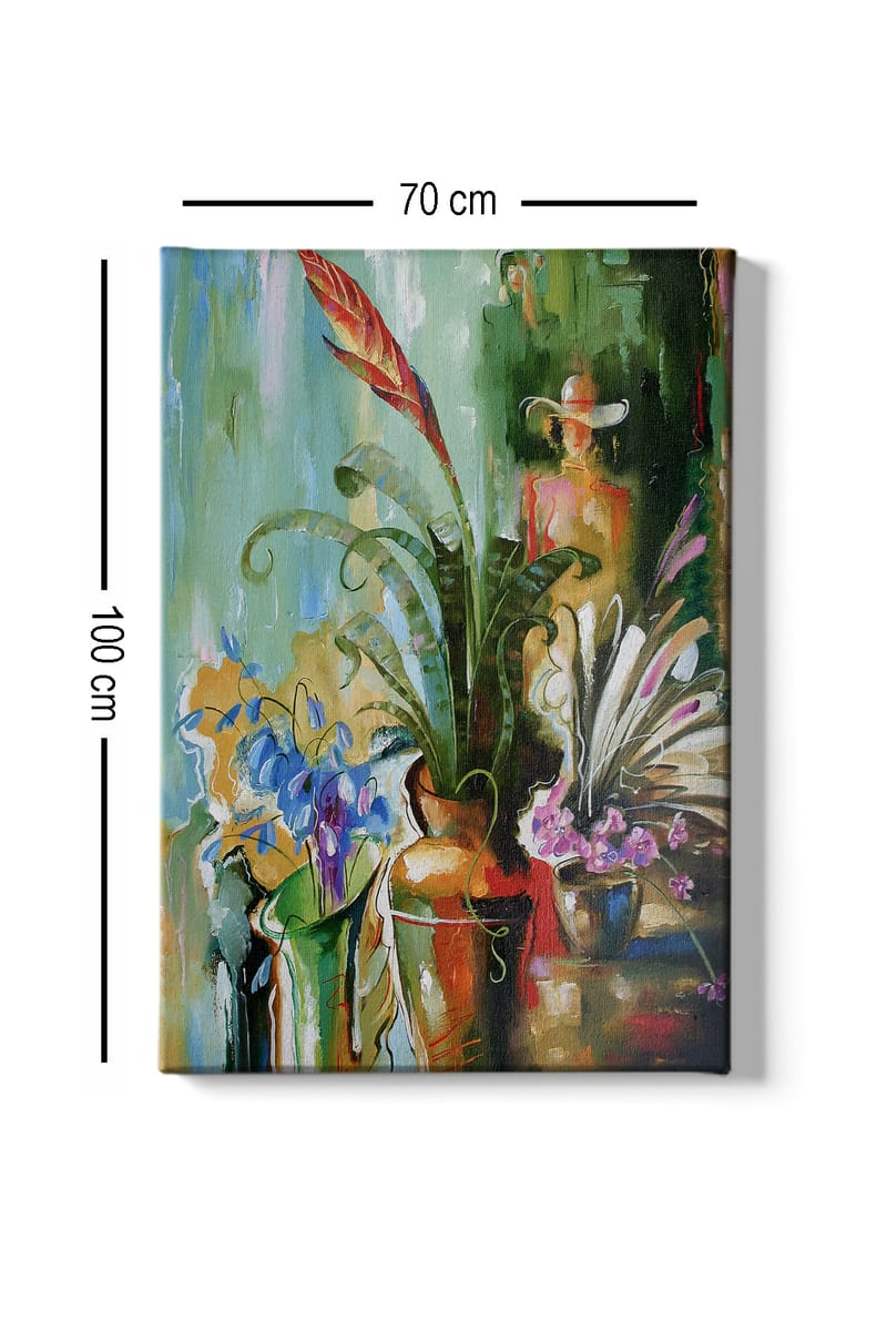 Lerretsbilde 70x100 cm - Fargerik stillhet med blomster og planter i vaser - Grønn / Rød / Lilla - Interiør - Maleri & posters - Lerretsbilder