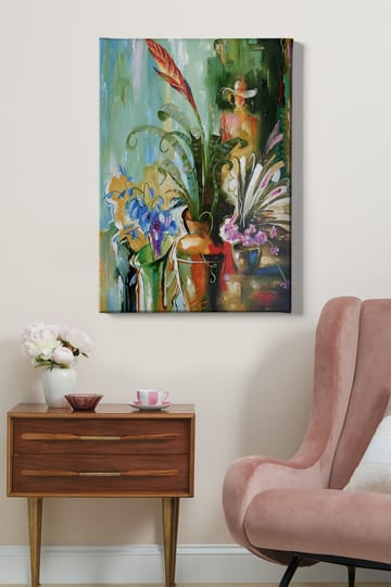 Lerretsbilde 70x100 cm - Fargerik stillhet med blomster og planter i vaser - Grønn / Rød / Lilla - Interiør - Maleri & posters - Lerretsbilder