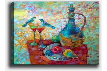 Lerretsbilde 70x100 cm - Fargerik stillhet med en karaffel, to glass og frukt på et bord, omgitt av fugler - Turkis / Rød / Gul - Interiør - Maleri & posters - Lerretsbilder