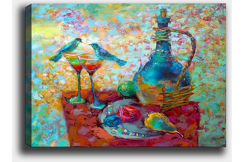Lerretsbilde 70x100 cm - Fargerik stillhet med en karaffel, to glass og frukt på et bord, omgitt av fugler - Turkis / Rød / Gul - Interiør - Maleri & posters - Lerretsbilder