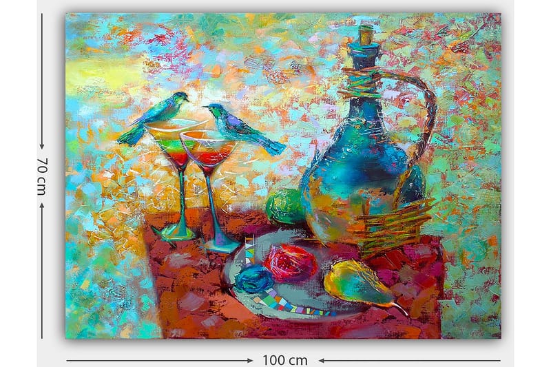 Lerretsbilde 70x100 cm - Fargerik stillhet med en karaffel, to glass og frukt på et bord, omgitt av fugler - Turkis / Rød / Gul - Interiør - Maleri & posters - Lerretsbilder