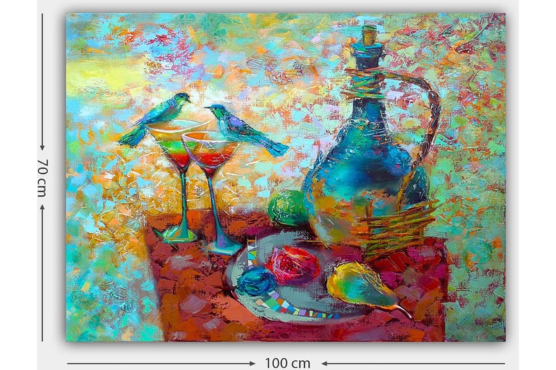 Lerretsbilde 70x100 cm - Fargerik stillhet med en karaffel, to glass og frukt på et bord, omgitt av fugler - Turkis / Rød / Gul - Interiør - Maleri & posters - Lerretsbilder