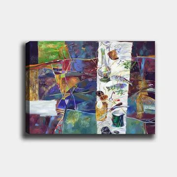 Lerretsbilde 70x100 cm - Fargerik stillhet med et dekket bord som viser forskjellige gjenstander og mat - Grønn / Blå / Lilla - Interiør - Maleri & posters - Lerretsbilder