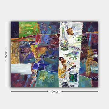 Lerretsbilde 70x100 cm - Fargerik stillhet med et dekket bord som viser forskjellige gjenstander og mat - Grønn / Blå / Lilla - Interiør - Maleri & posters - Lerretsbilder