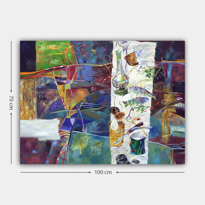 Lerretsbilde 70x100 cm - Fargerik stillhet med et dekket bord som viser forskjellige gjenstander og mat - Grønn / Blå / Lilla - Interiør - Maleri & posters - Lerretsbilder