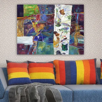 Lerretsbilde 70x100 cm - Fargerik stillhet med et dekket bord som viser forskjellige gjenstander og mat - Grønn / Blå / Lilla - Interiør - Maleri & posters - Lerretsbilder