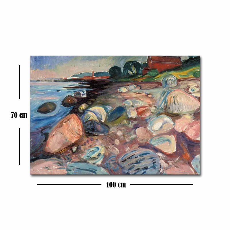 Lerretsbilde 70x100 cm - Fargerik strandscene med steiner og en rød hytte i bakgrunnen - Blå / Rosa / Grønn - Interiør - Maleri & posters - Lerretsbilder