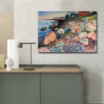 Lerretsbilde 70x100 cm - Fargerik strandscene med steiner og en rød hytte i bakgrunnen - Blå / Rosa / Grønn - Interiør - Maleri & posters - Lerretsbilder